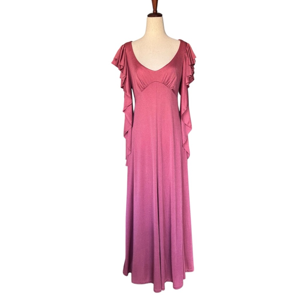Vintage 70s Dusty Pink Ruffle Sleeve Poly Maxi Dress sz Small